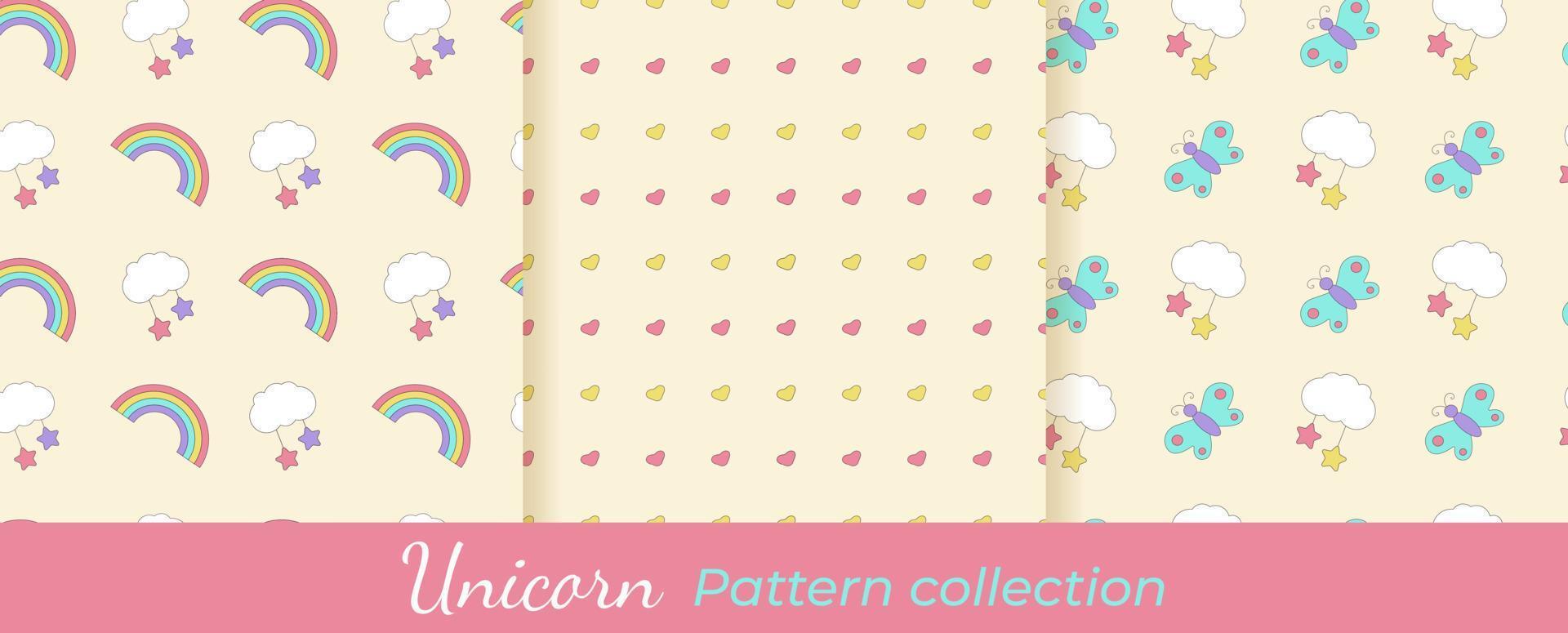 colección de unicornio patrones. conjunto de mágico vector patrones. sin costura patrones con arcoíris, nubes, corazones, mariposas, estrellas.