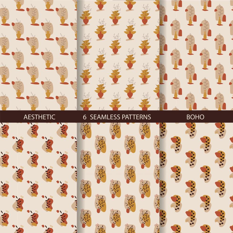 Aesthetic patterns. Boho patterns. Set of seamless pattern with leaves, vases, geometric shapes and dots in boho and aesthetic style. Vector Illustration.