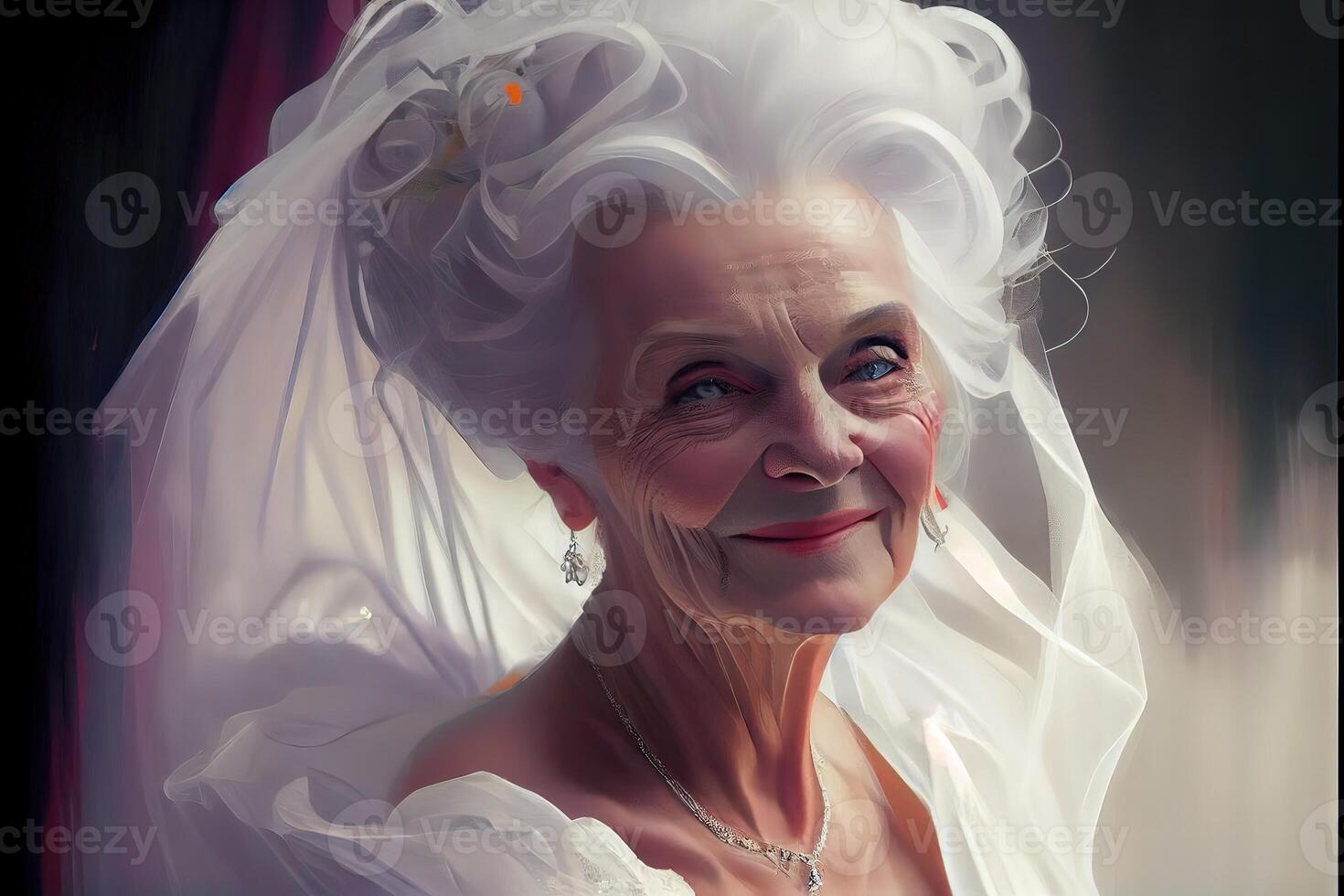 illustration of 70 year old beautiful joyful lady dressed as a bride in a white dress, beautiful photo