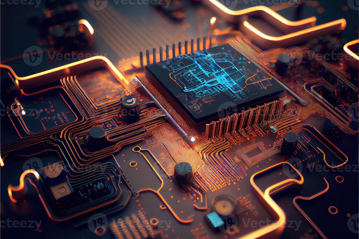 illustration of macro shot of circuit cyberspace board with computer motherboard component microchip with chip structure. Neural network generated art. photo