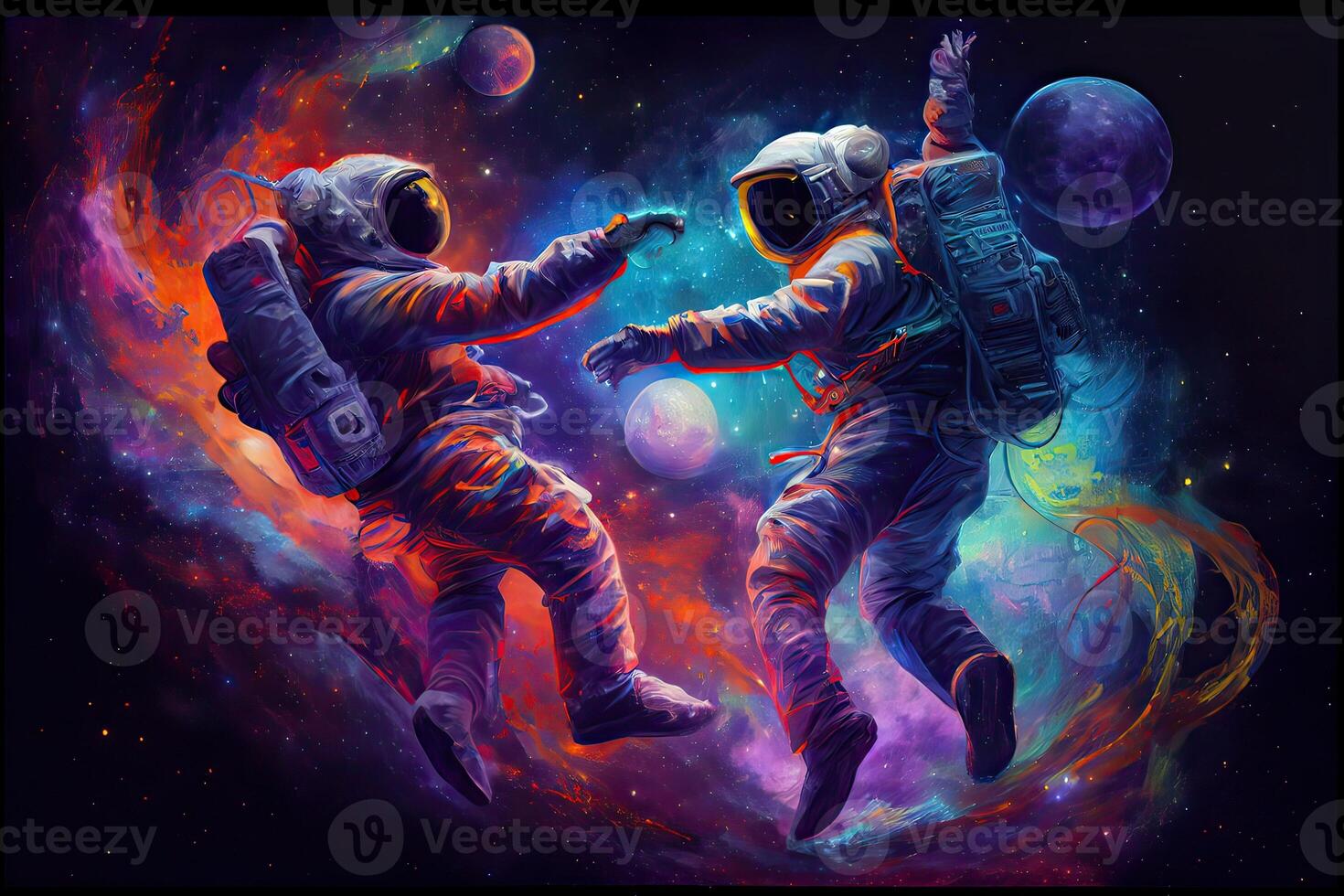 illustration of two astronauts, dressed in spacesuits, are floating in zero gravity while dancing closely. The background is a breathtaking view of the galaxy, with stars and nebulae photo