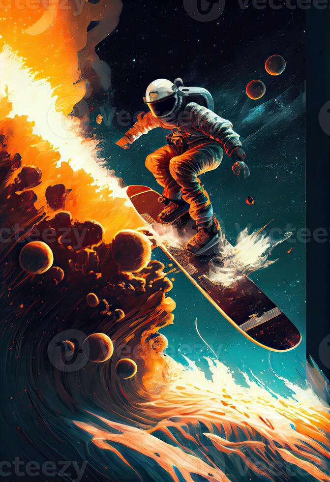 illustration of a space explorer riding a rocket-powered surfboard through an asteroid field, in a digital art style with a galactic color palette photo