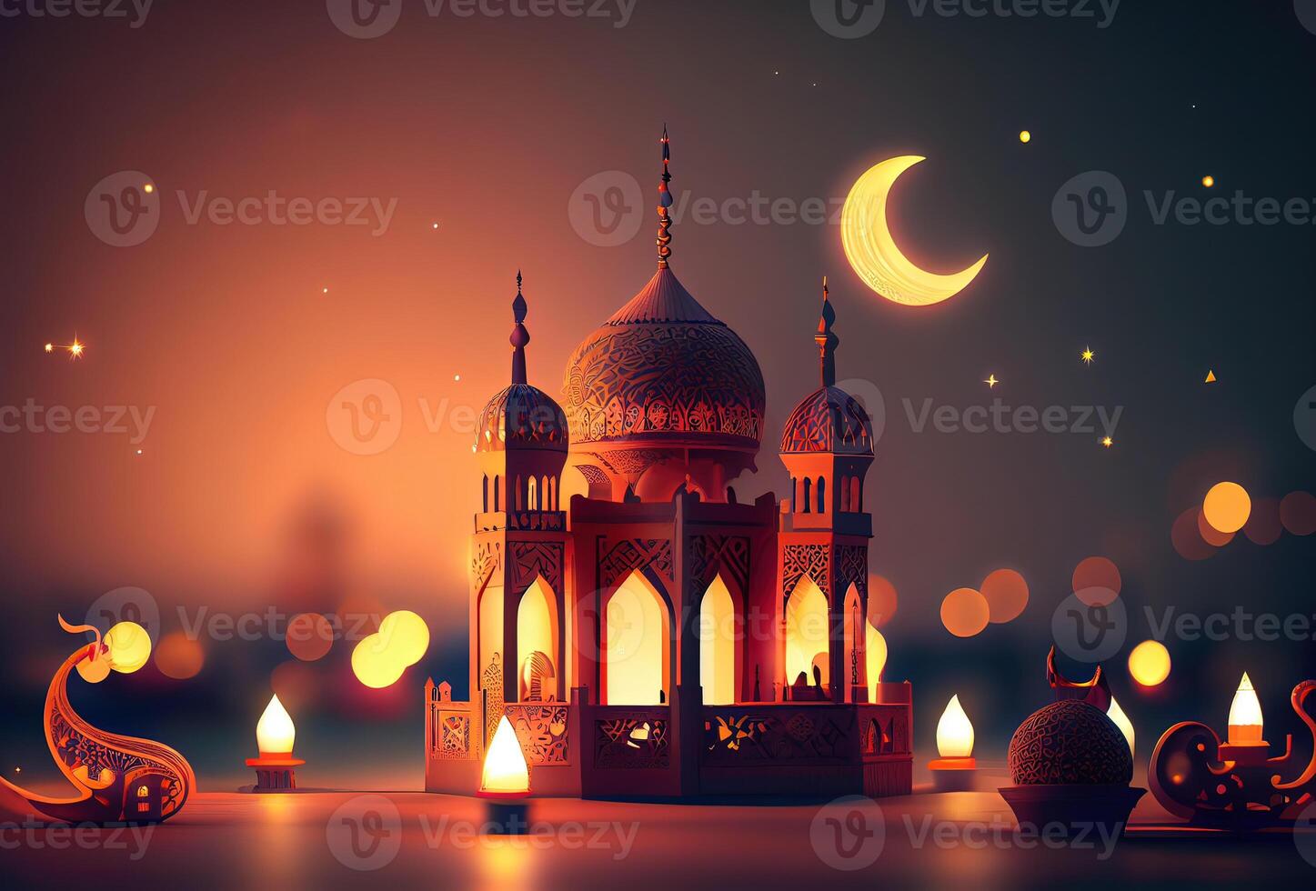 illustration of Islamic holiday. Ramadan night. Mosque and lantern displayed on stages with glowing light in the evening. Wallpaper and banner background. photo