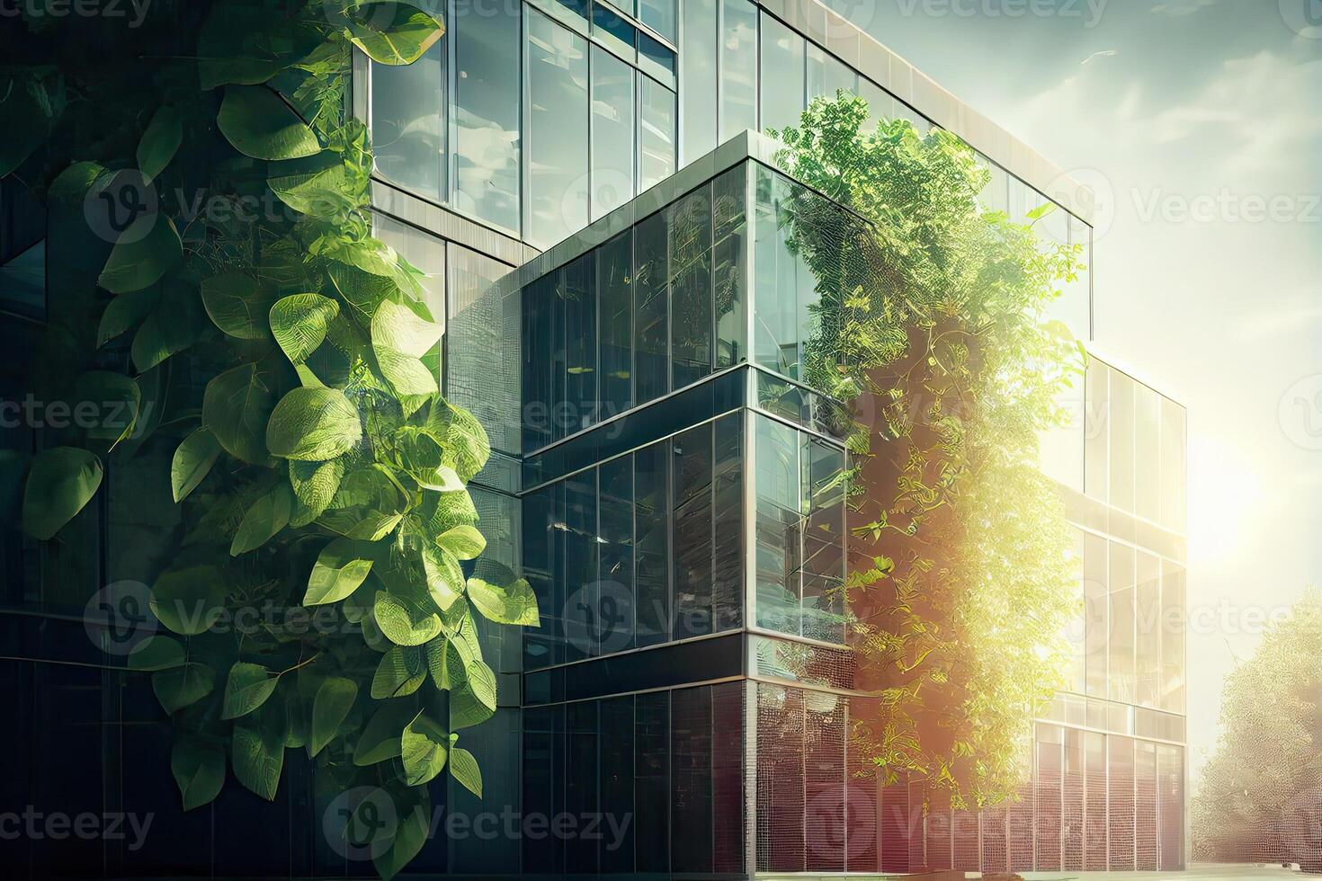 illustration of eco friendly construction in a contemporary metropolis. A sustainable glass building with green tree branches and leaves for lowering heat and carbon dioxide. photo