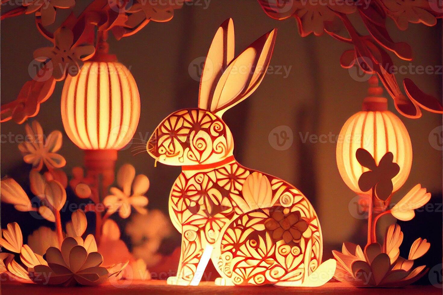 illustration of Paper cut craft, quilling multi dimensional Chinese style, cute zodiac bunny rabbit with lanterns in background, chinese new year. 3d paper illustration style. photo