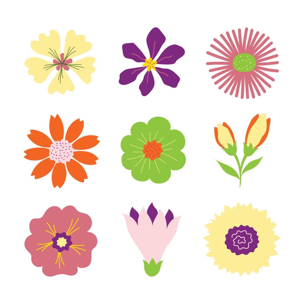 set of colorful hand drawn flowers vector illustration