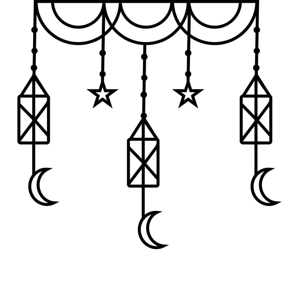 Arábica tradicional Ramadán kareem oriental linternas guirnalda. musulmán ornamental colgando dorado linternas, estrellas y Luna vector ilustración. islámico oriental guirnalda. musulmán fiesta linterna tradicional