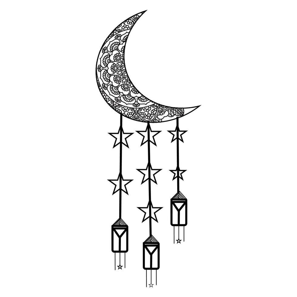 simple ramadan Kareem arabic caligraphy vector , Eid Mubarak Greeting Line icon minimal and simple vector design with mosque Glowing Lantern and hanging crescent moon star for background and Banner