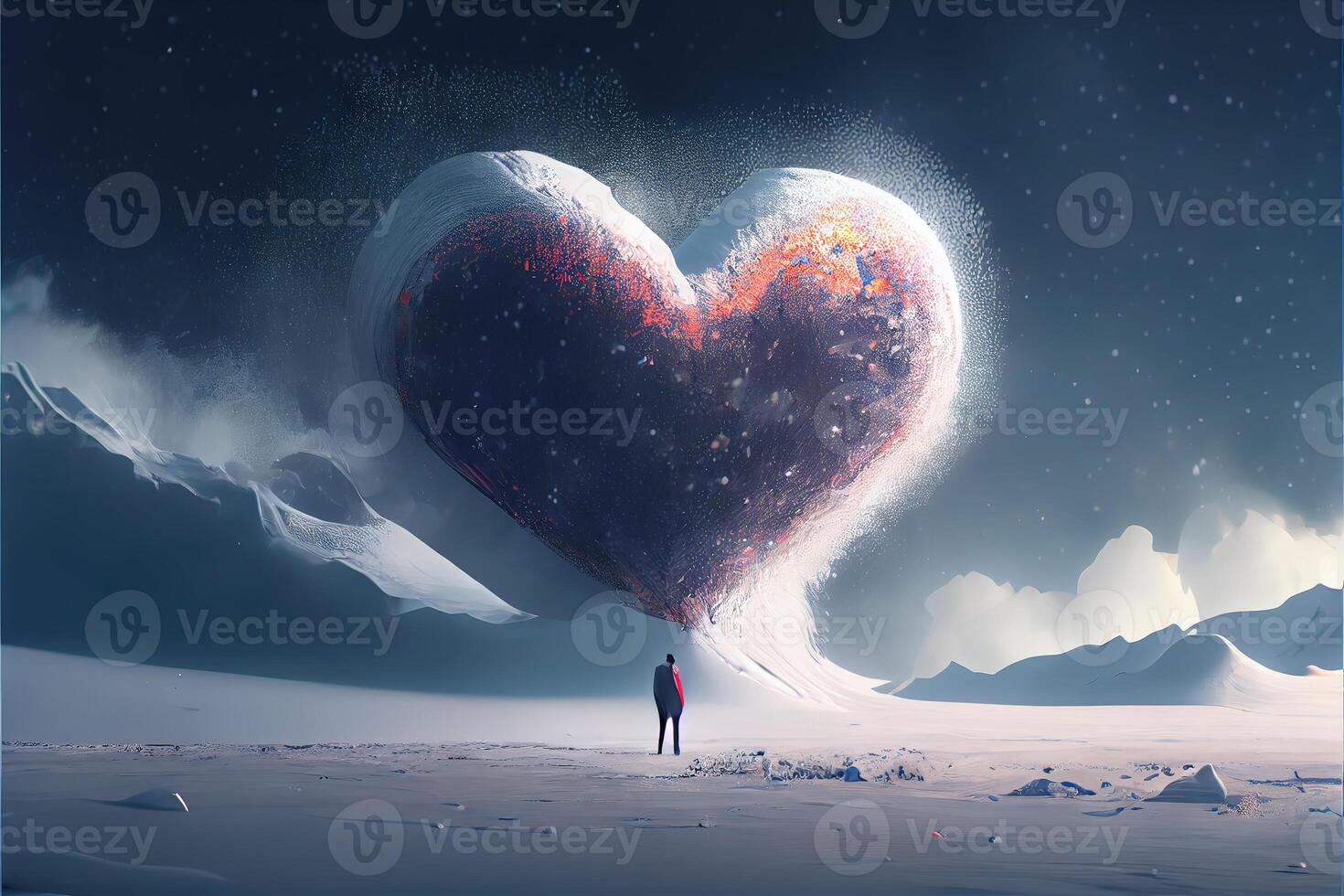 illustration of a blizzard of love. Couple kissing in snow. Big heart. Love and valentine day concept. Neural network generated art. Digitally generated image. photo