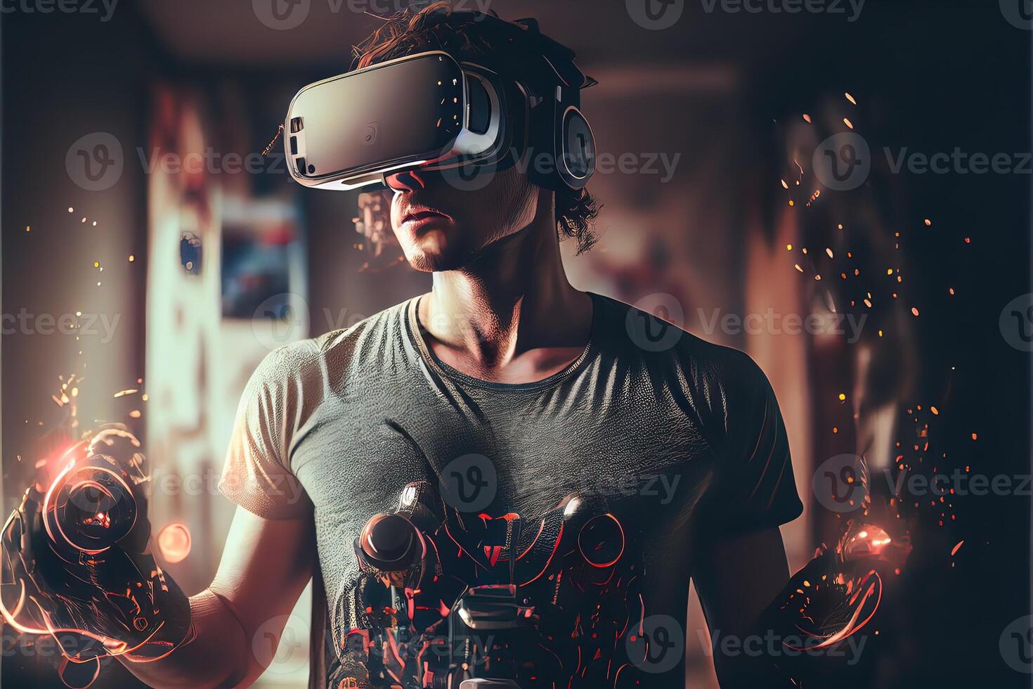 illustration of an enthusiastic young men wearing virtual reality goggles is inside the metaverse. Metaverse concept and virtual world elements. Neural network art photo