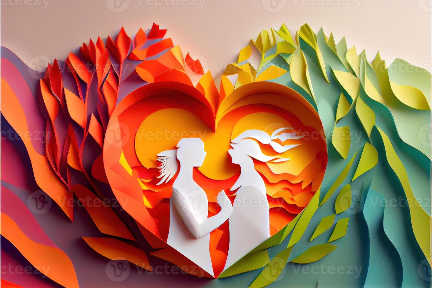 illustration of origami Valentine day background, happy couple, colorful. Paper cut craft, 3d paper style. Neural network generated art. Digitally generated image photo