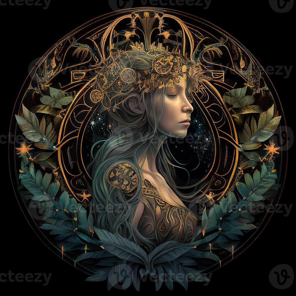 illustration of cyberpunk Zodiac sign with a forest growing on shoulders, galaxy, centered inside intricate gold circle of foliage photo