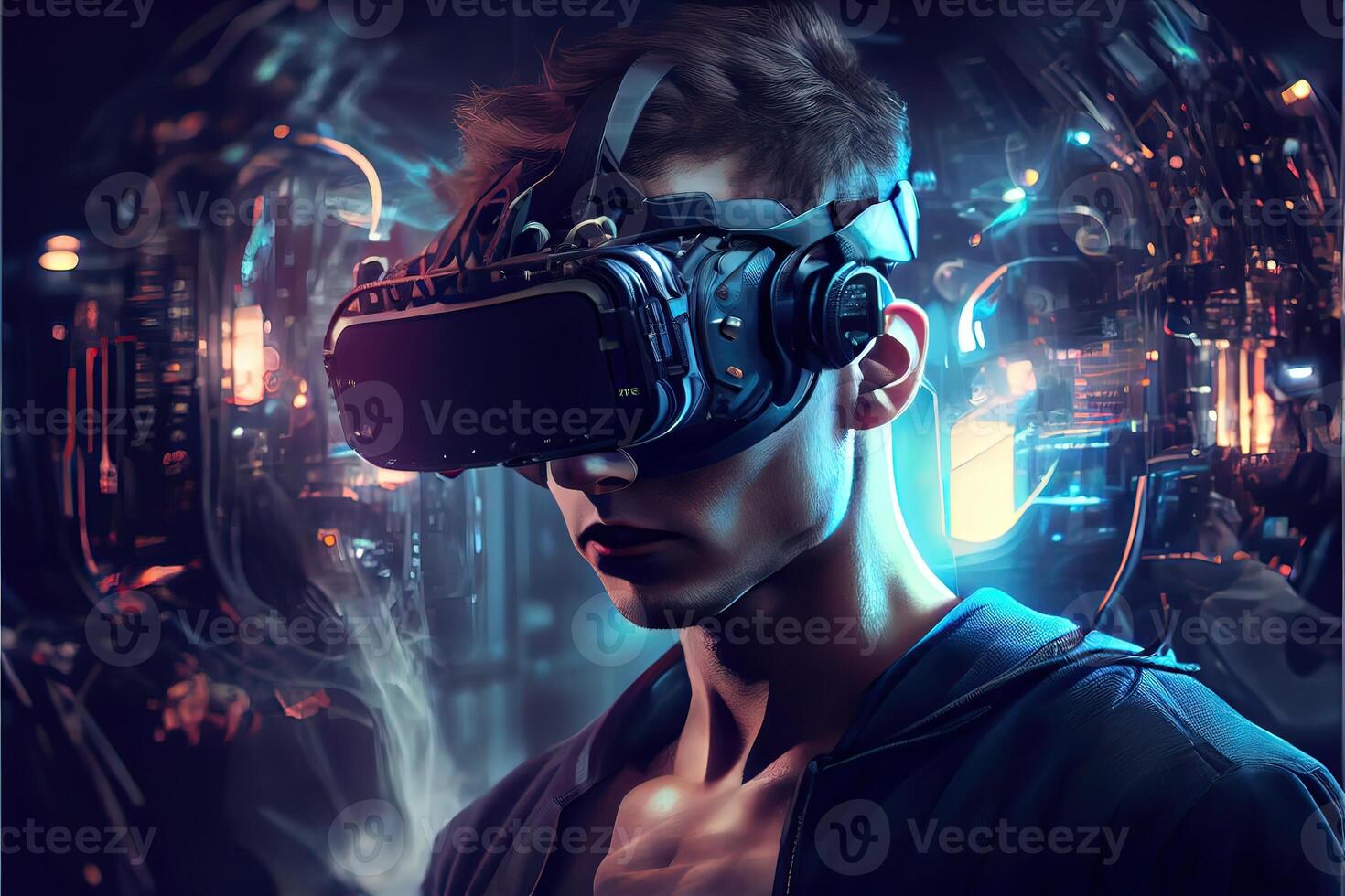 illustration of an enthusiastic young men wearing virtual reality goggles is inside the metaverse. Metaverse concept and virtual world elements. Neural network art photo