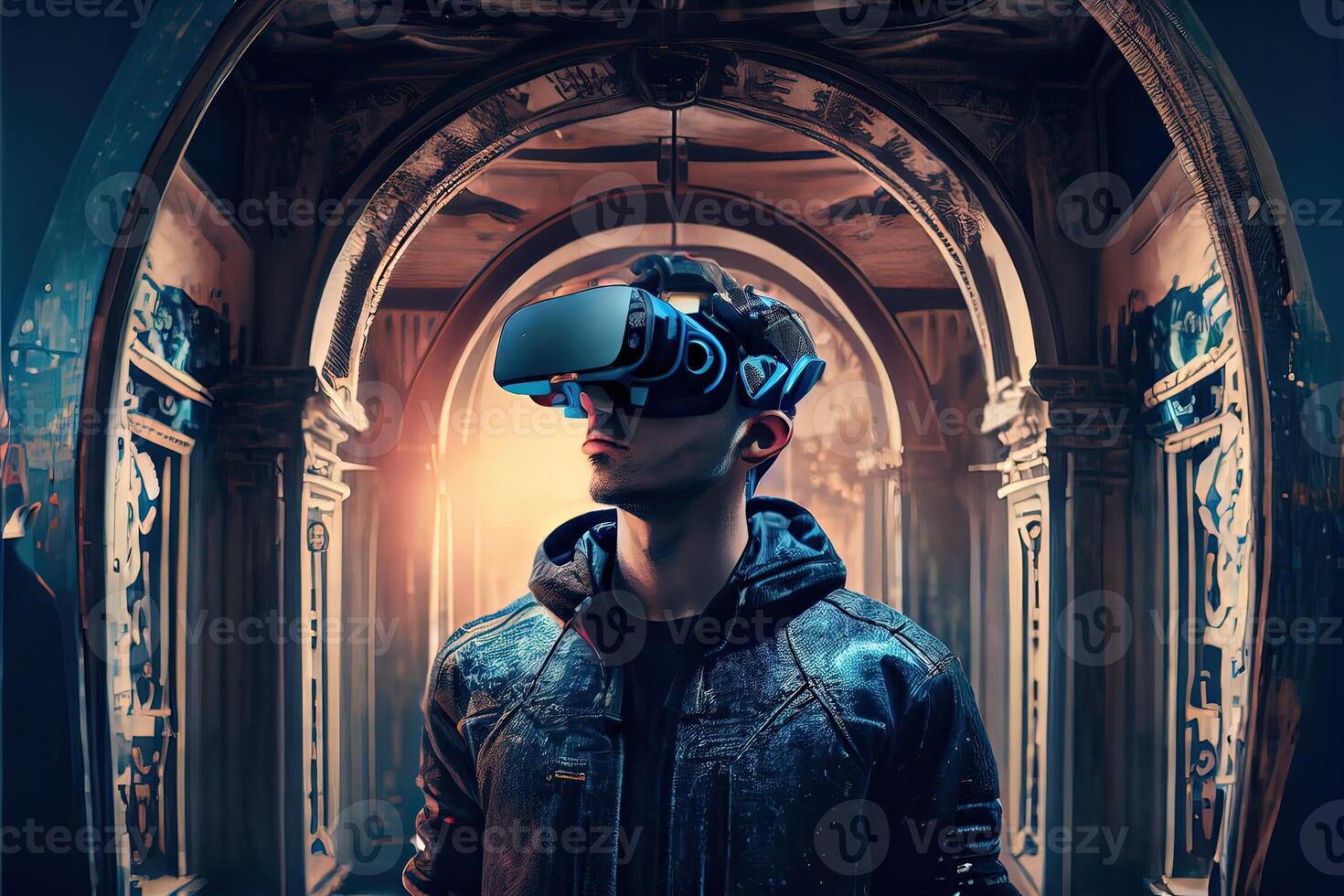 illustration of an enthusiastic young men wearing virtual reality goggles is inside the metaverse. Metaverse concept and virtual world elements. Neural network art photo