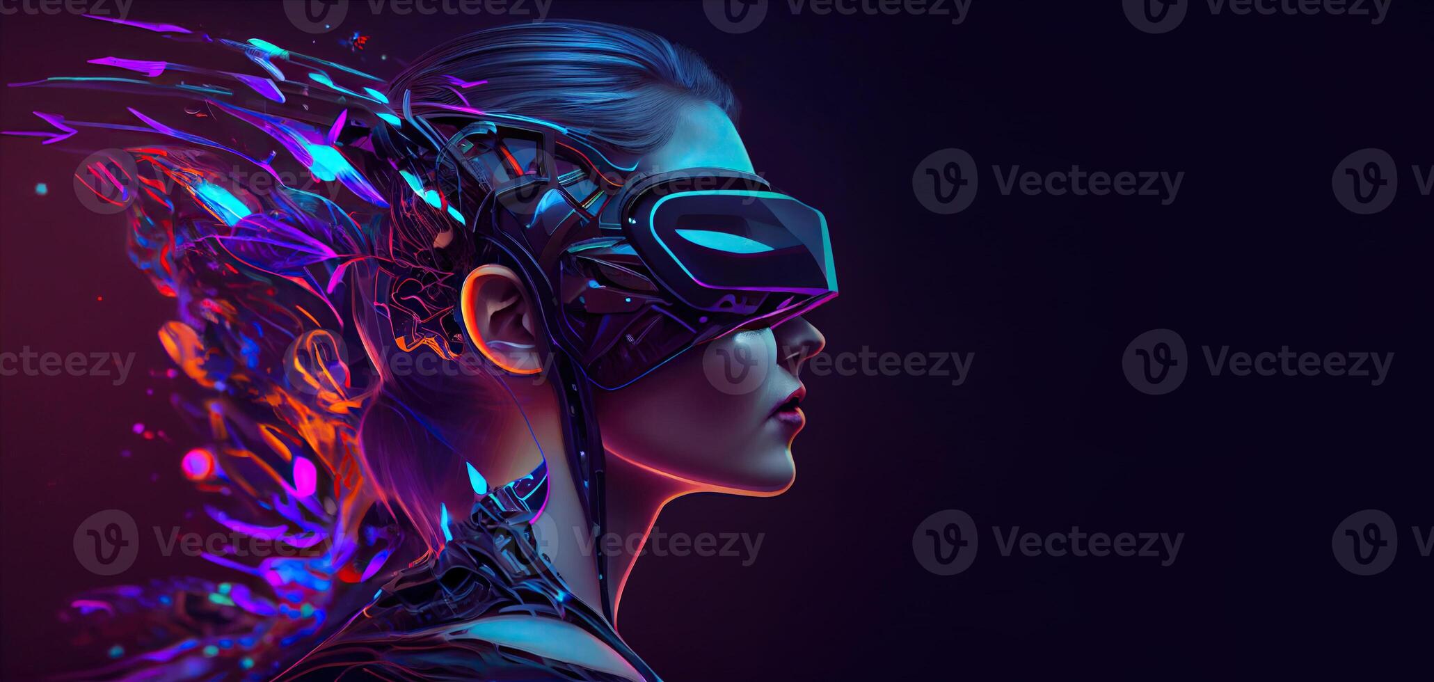 illustration of Metaverse concept and virtual world elements. Side view of human face in augmented or virtual reality headset inside the metaverse photo