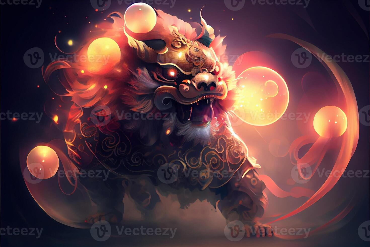 illustration of anthropomorphic traditional Chinese lion dance, big round eyes, plump body, Chinese Spring Festival, luminous particles, smoke photo