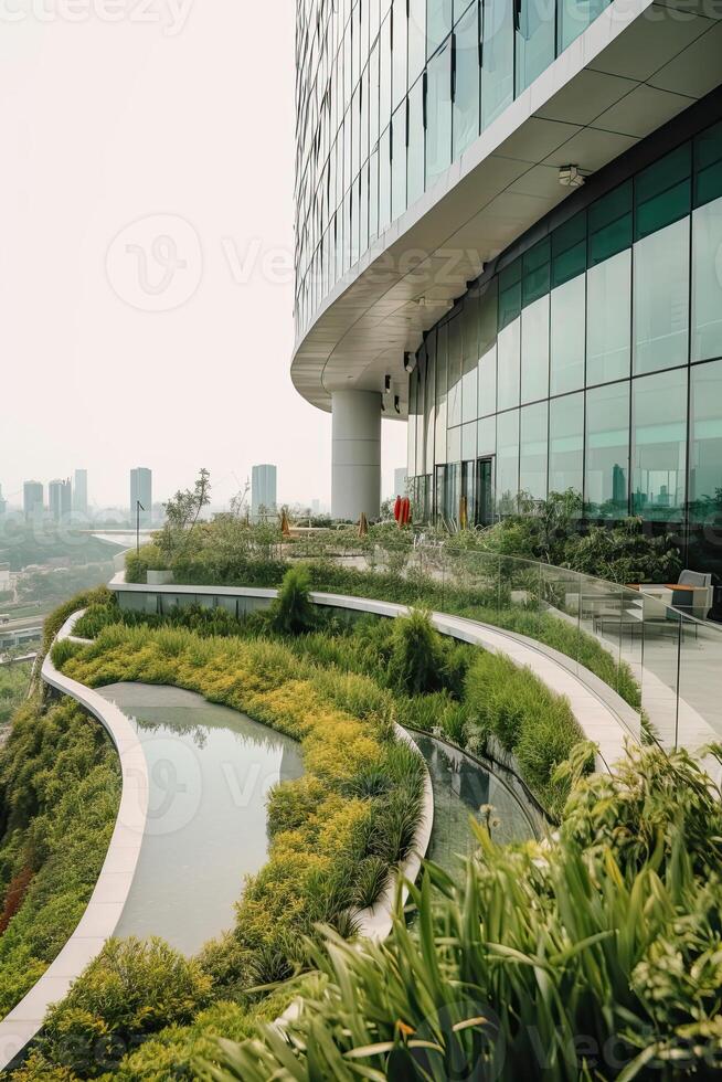 illustration of Gorgeous garden on the rooftop of a contemporary glass office building in Asia photo