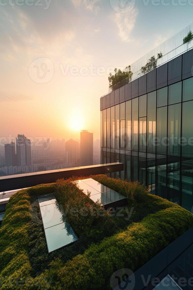 illustration of Gorgeous garden on the rooftop of a contemporary glass office building in Asia photo