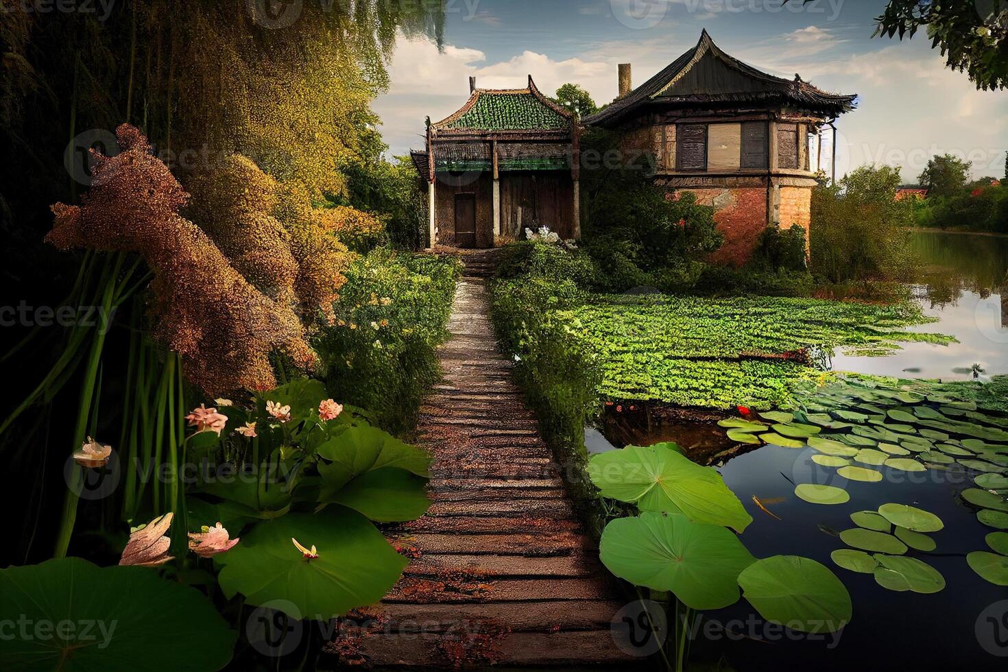 illustration of the lake is surrounded by green water plants, colorful green flowers, sparkling on the lake, traditional chinese house,cobblestone path,beautiful sunshine photo