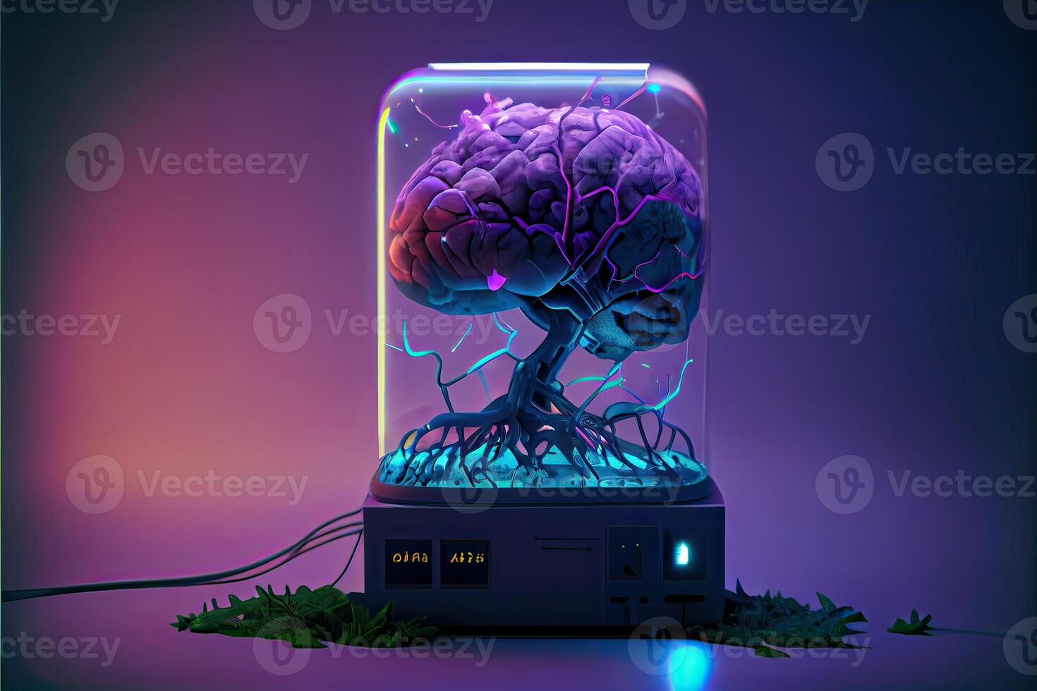 illustration of a brain in a jar sitting in an old lab, wires everywhere connect it to a row of monitors and glowing computer screens photo