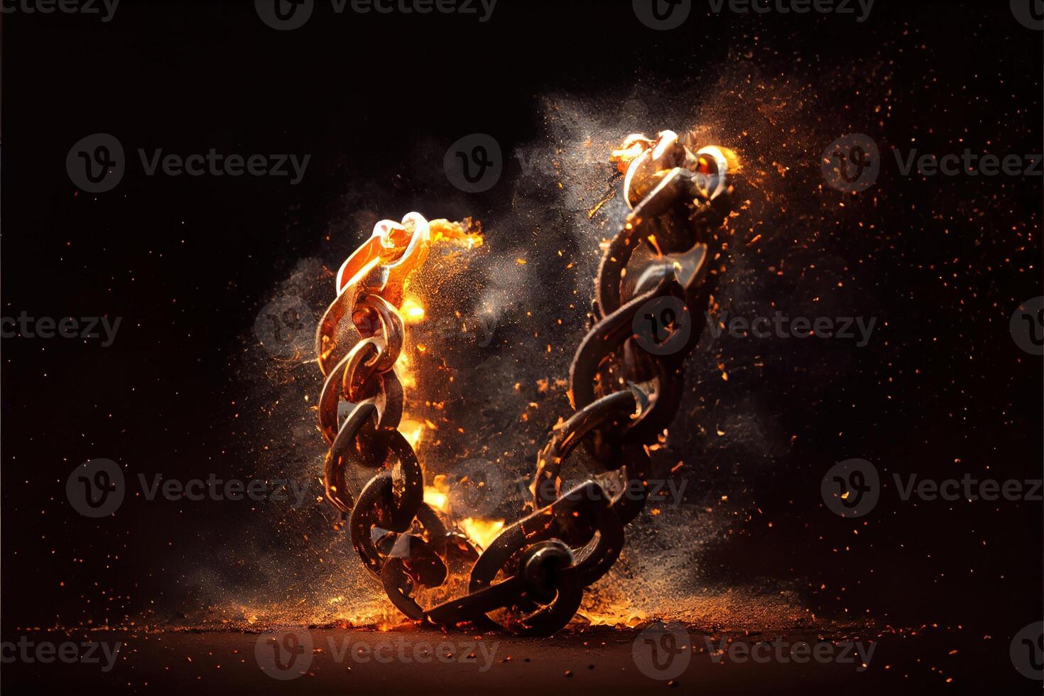 illustration of breaking steel chain with fire dust in dark background. Neural network generated art. photo