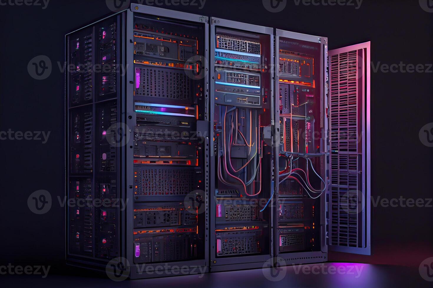 illustration of a platform for hosting contemporary Internet contents. Rack housing server data storage hardware. The equipment in the data center is connected by a lot of network cables photo