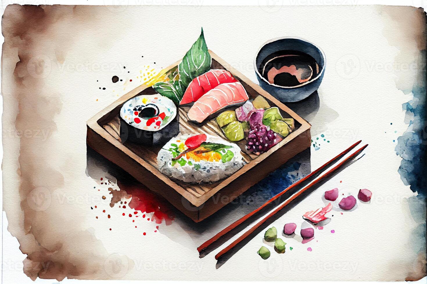 illustration of knolling japanese cuisine food, watercolor paint style, set of asian food photo