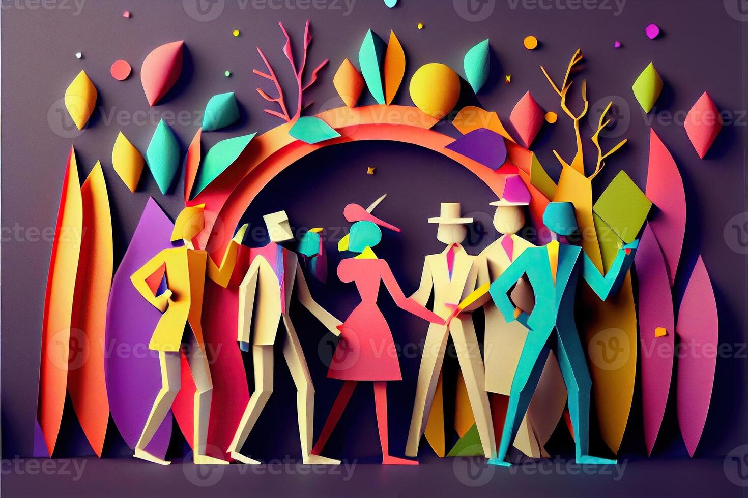 illustration of People in New Year's Eve party background, men and women celebrating holidays together, partying, cheering and dancing. Paper cut craft, 3d paper illustration style. photo