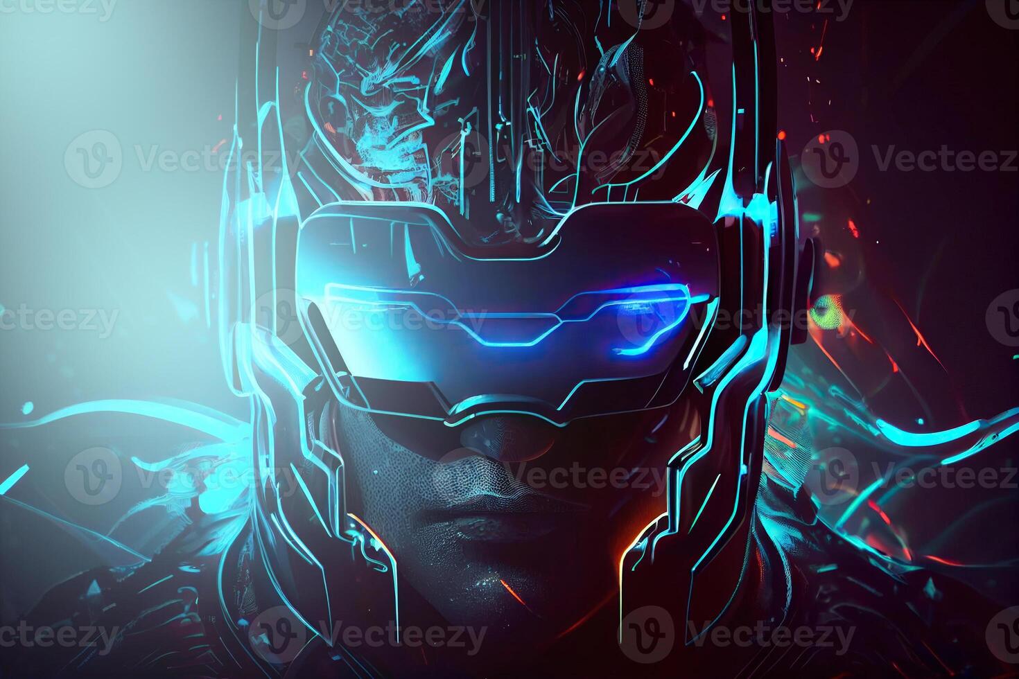 illustration of Metaverse concept and virtual world elements. Side view of human face in augmented or virtual reality headset inside the metaverse photo