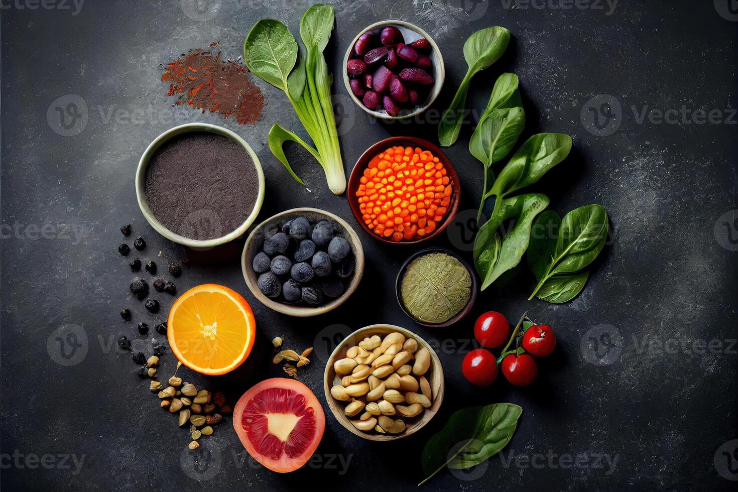 illustration of healthy food clean eating selection on gray concrete background photo