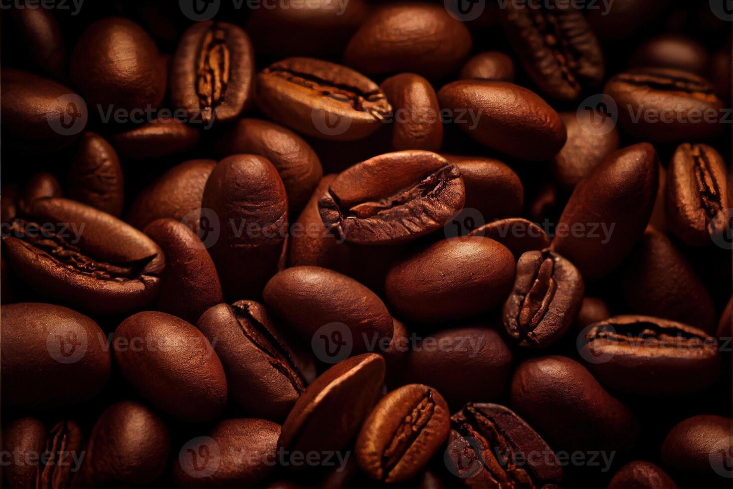 illustration of Roasted Coffee Beans Closeup On Dark Background, blurred background photo