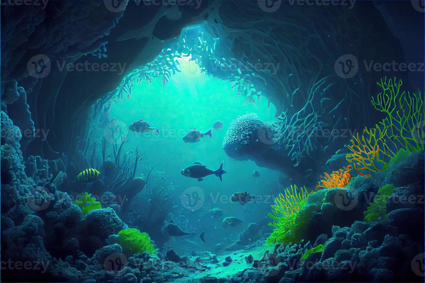 illustration of underwater world at the depth of the ocean. Underwater gorges and tunnel, organisms and fish. Underwater deep world, sea darkness, algae glow, blue neon, corals. photo