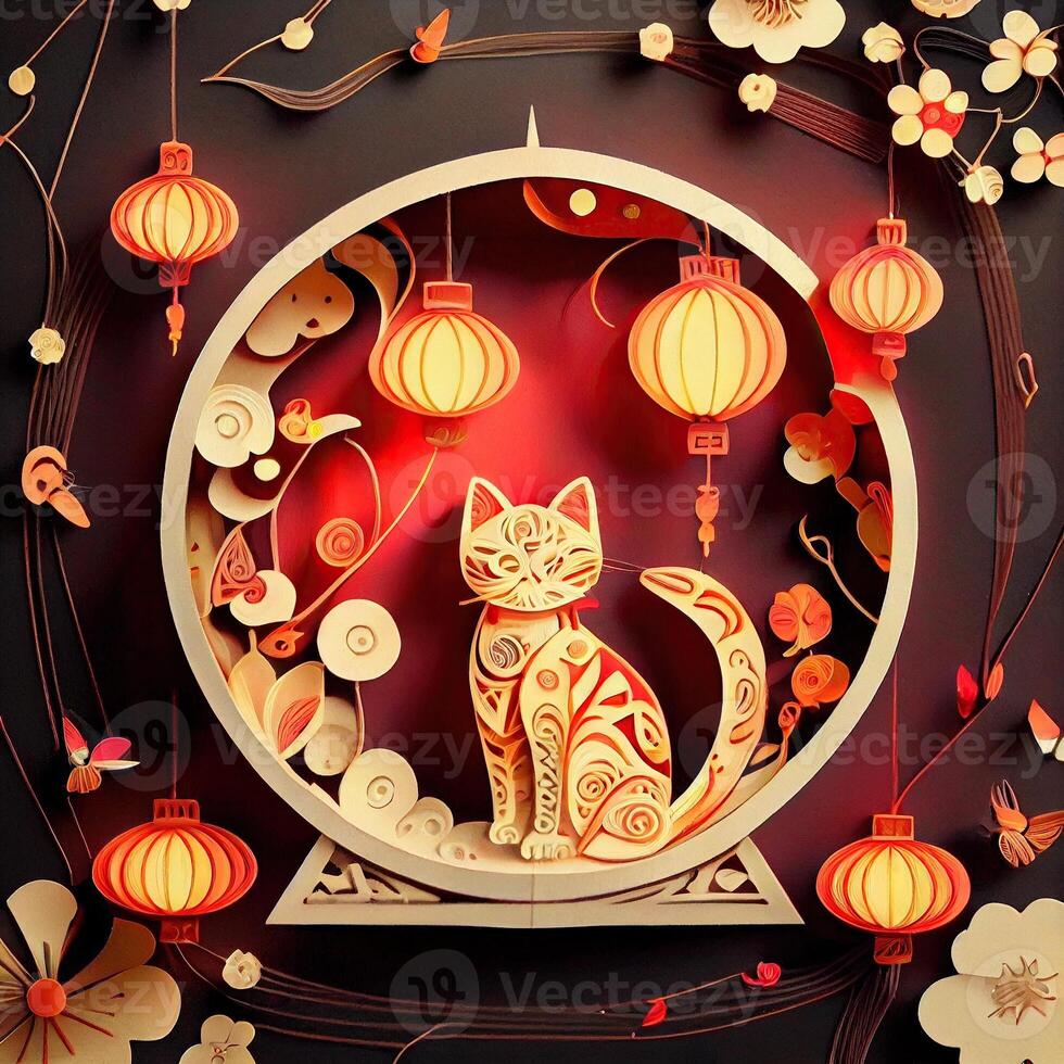 generativo ai ilustración de papel cortar artesanía, encañonado multi dimensional vietnamita estilo, linda zodíaco gatito gato con linternas en fondo, chino nuevo año. 3d papel ilustración estilo. foto