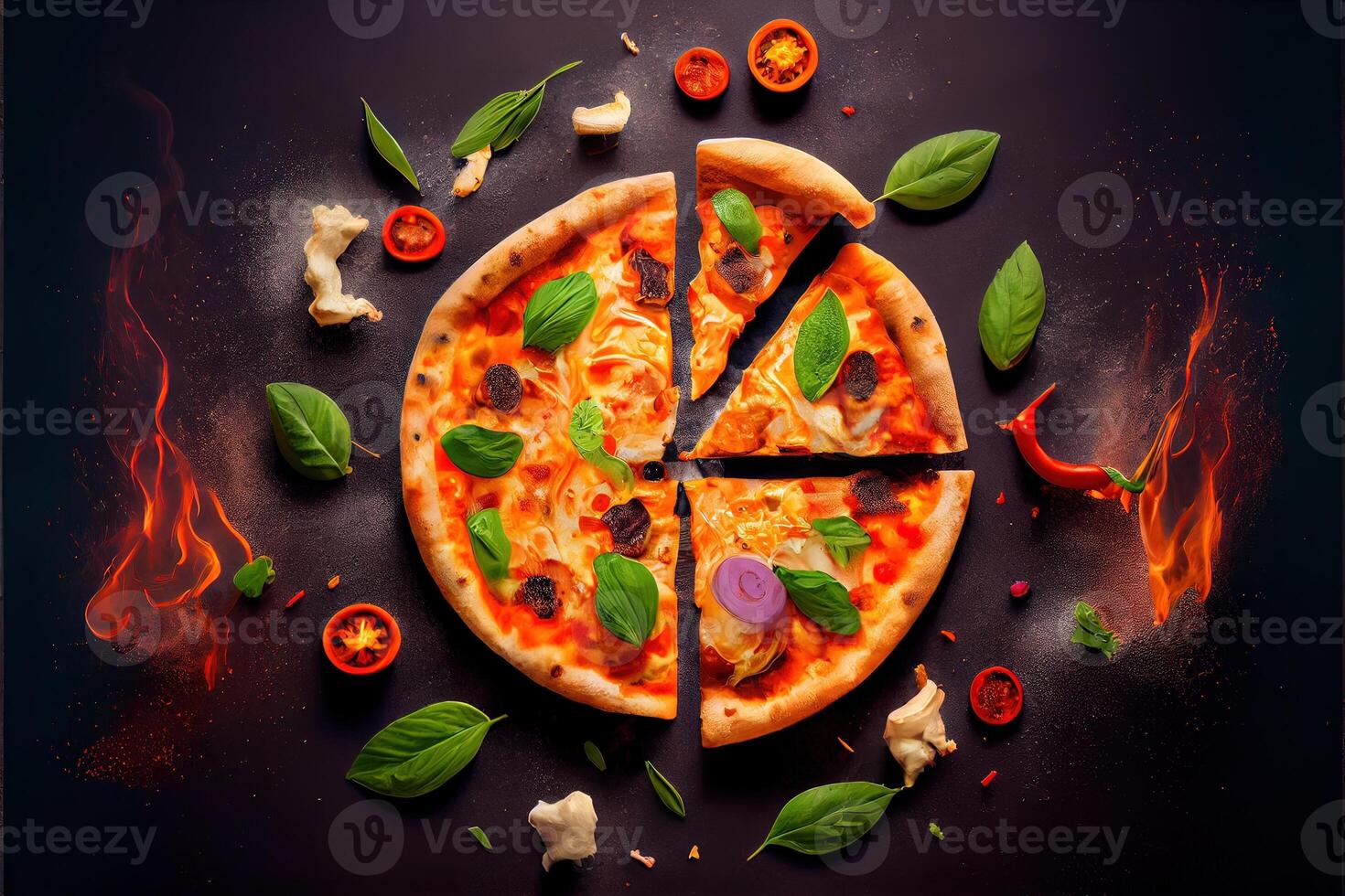 illustration of Homemade pizza with tomato and olives on dark stone background photo