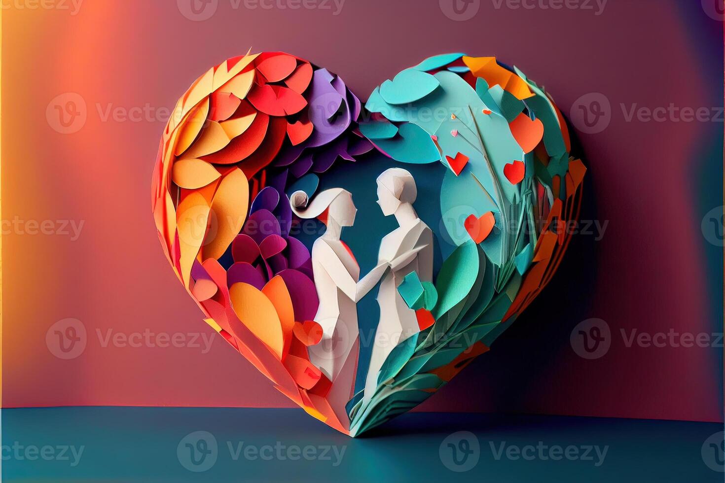 illustration of origami Valentine day background, happy couple, colorful. Paper cut craft, 3d paper style. Neural network generated art. Digitally generated image photo