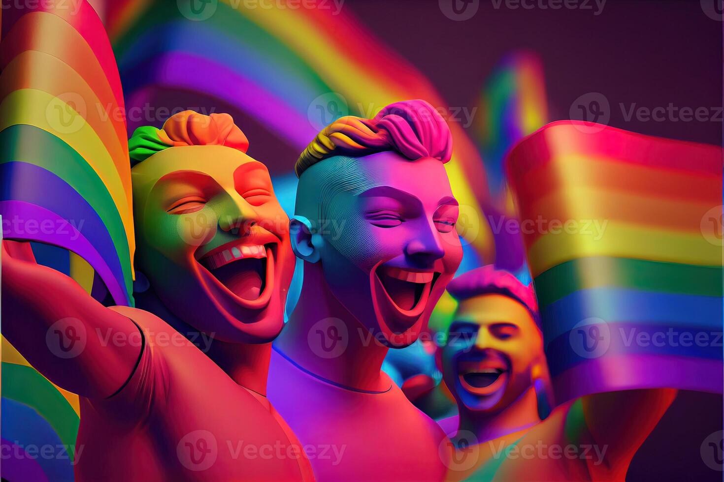 illustration of Diversity young gay women and men with waving pride rainbow flag. Supporters of the LGBT community. Neural network generated art. Digitally generated image. photo