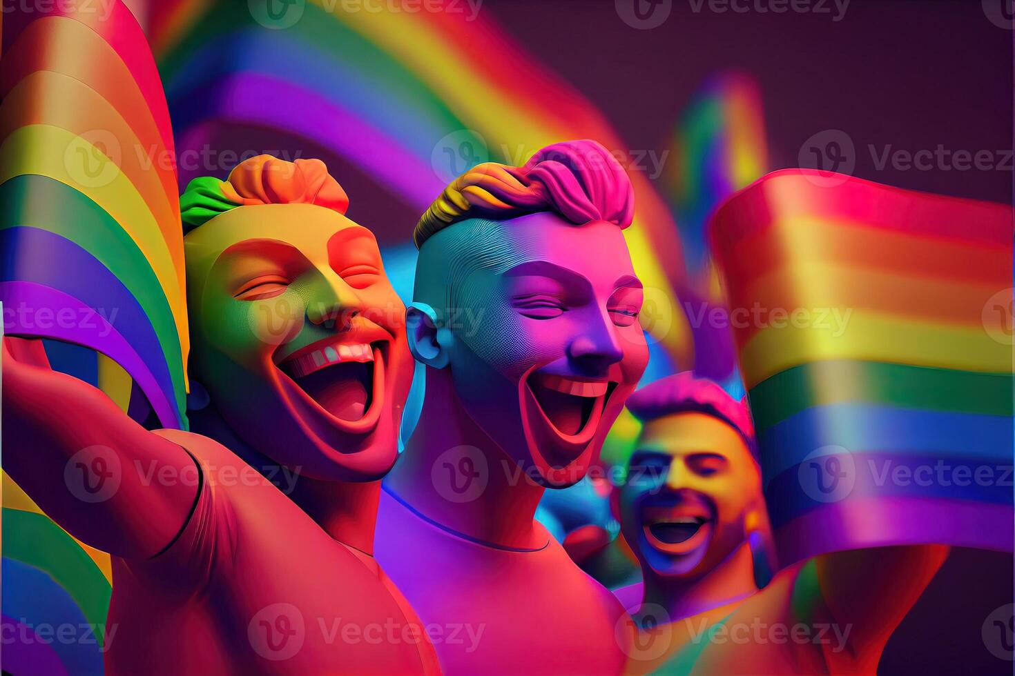 generativo ai ilustración de diversidad joven gay mujer y hombres con ondulación orgullo arco iris bandera. partidarios de el lgbt comunidad. neural red generado Arte. digitalmente generado imagen. foto