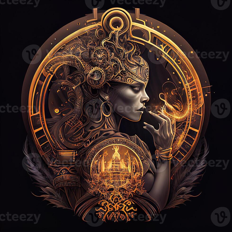 illustration of cyberpunk Zodiac sign with a industrial smoke, mechanic detail on shoulders, pollution, centered inside intricate gold and fire circle of city and Skyscrapers, steam punk photo