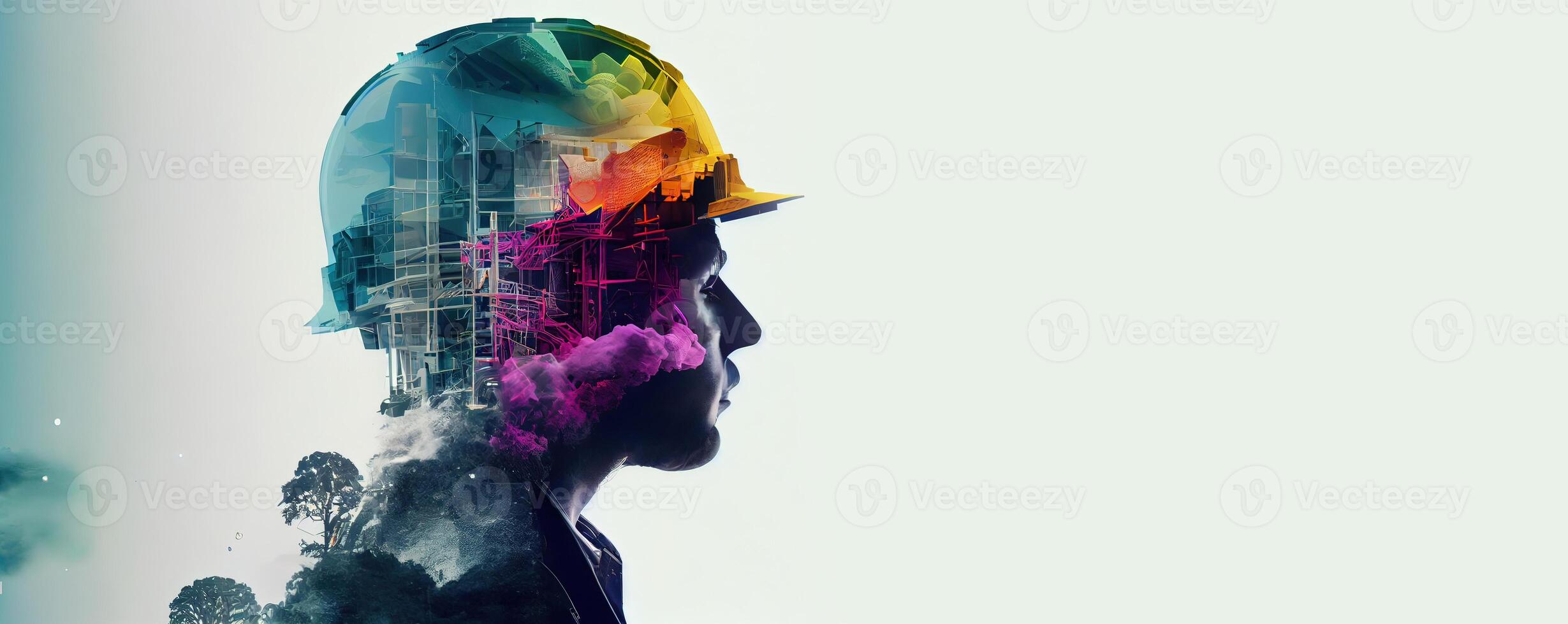 illustration of building construction engineering project devotion with double exposure design in head. Industrial and architecture. Neural network generated art. photo