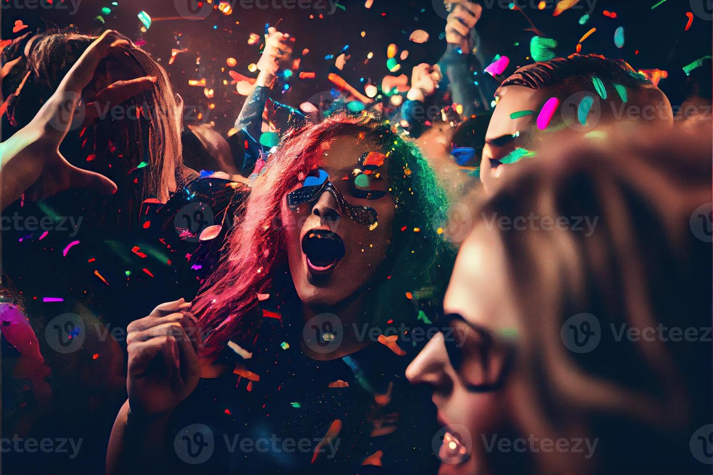 illustration of New Year's Eve party background, pop color, group of people dancing and joyful, countdown, neural network generated art. Digitally painting, generated image. photo