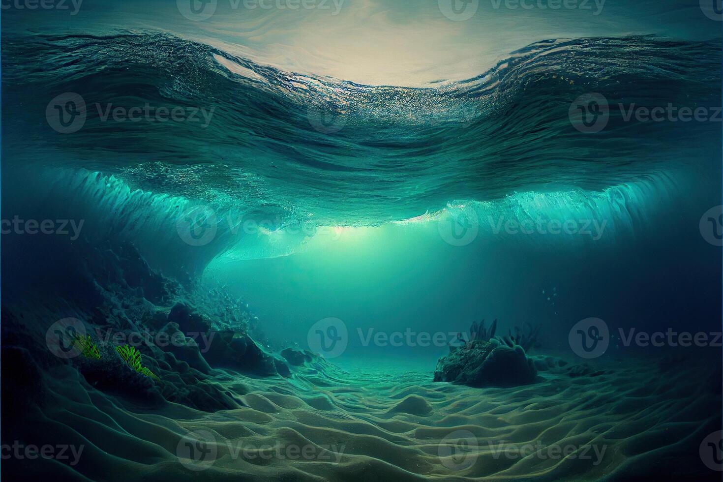 generativo ai ilustración de Oceano profundidad. submarino vacío paisaje, Oceano abajo, mar ola foto