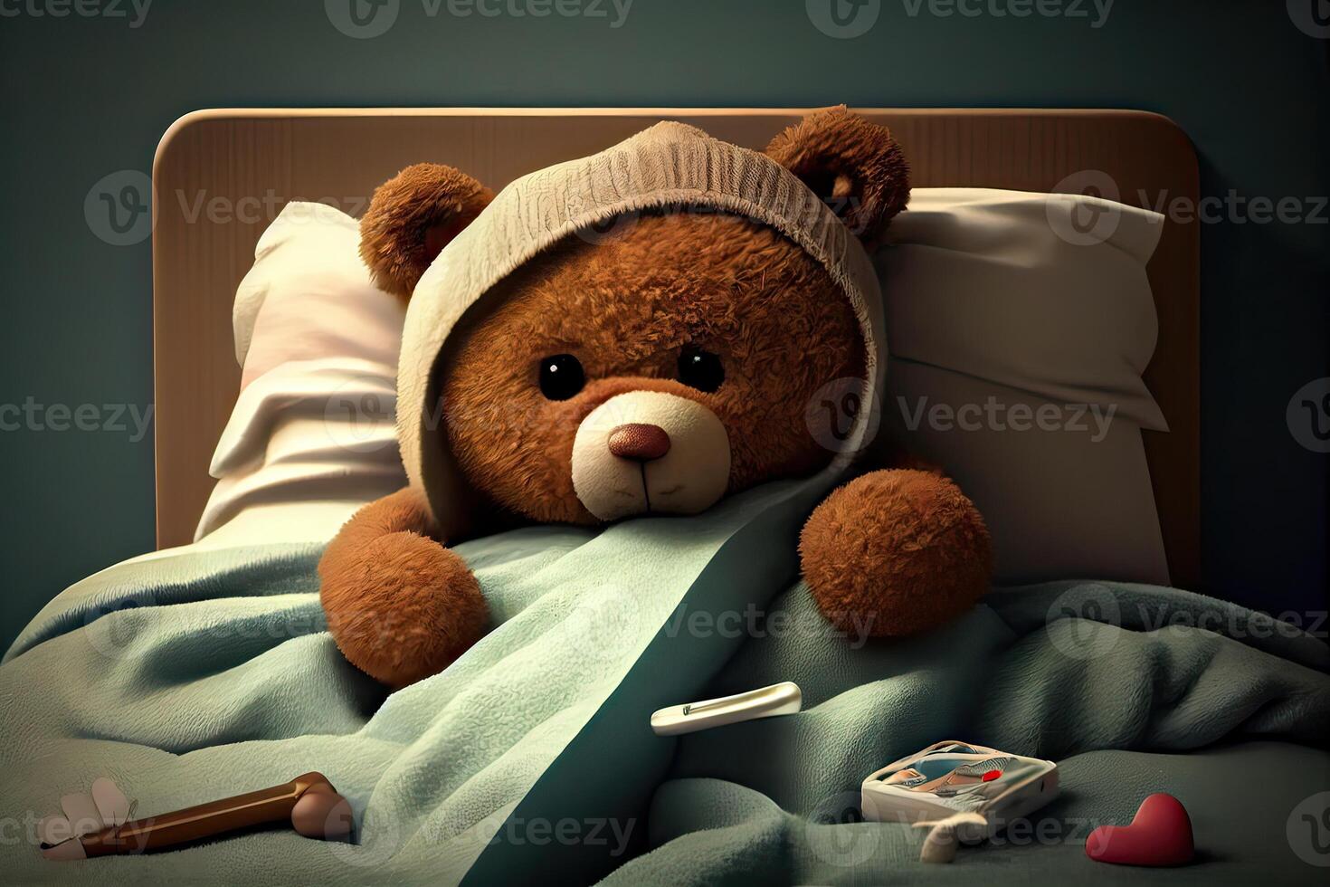 illustration of a teddy bear laying in bed and feeling sick photo