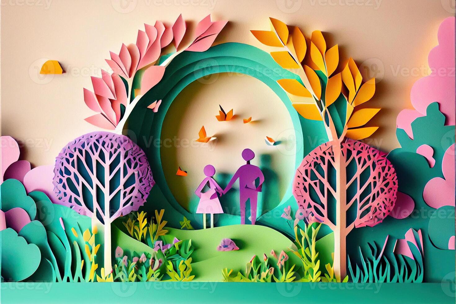 illustration of origami spring background, joyful elderly, happy family with parent, colorful. Paper cut craft, 3d paper illustration style, pop color. Neural network generated art. photo