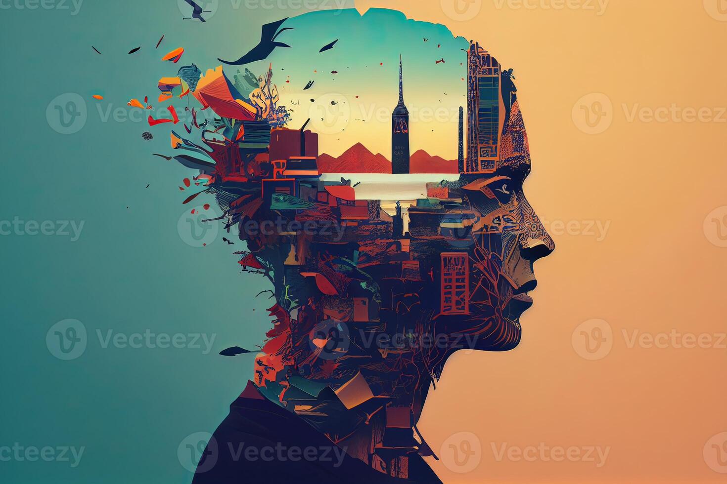 illustration of a mind in flux, a surreal digital artwork of a person's face fragmented into disparate states, state in mind, sad, negative, worry photo