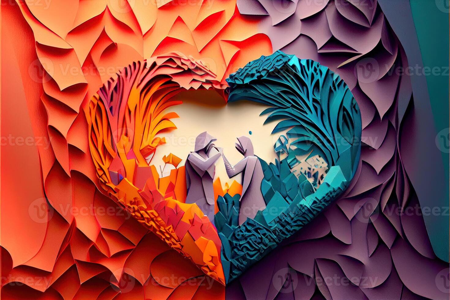 illustration of origami Valentine day background, happy couple, colorful. Paper cut craft, 3d paper style. Neural network generated art. Digitally generated image photo