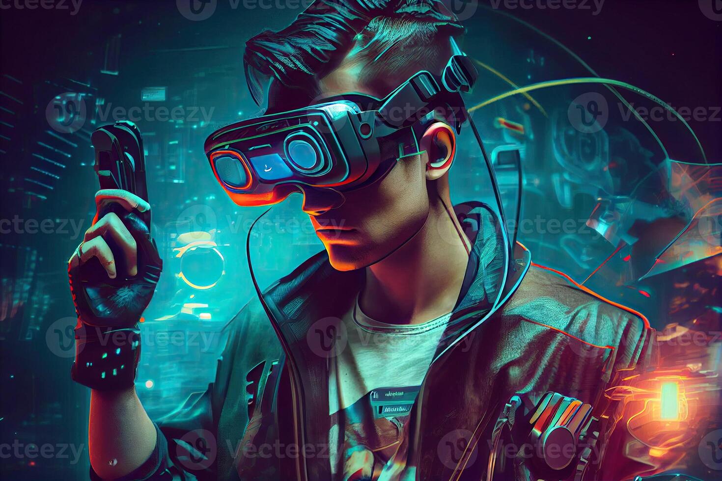 illustration of man with virtual reality VR goggle playing AR augmented