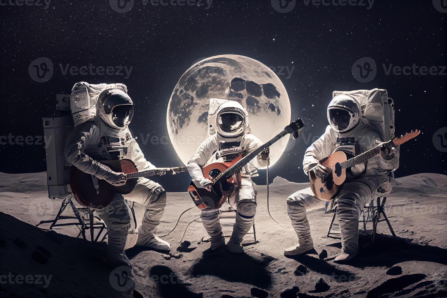 generativo ai ilustración de un trío de astronautas haciendo música en el lunar superficie foto