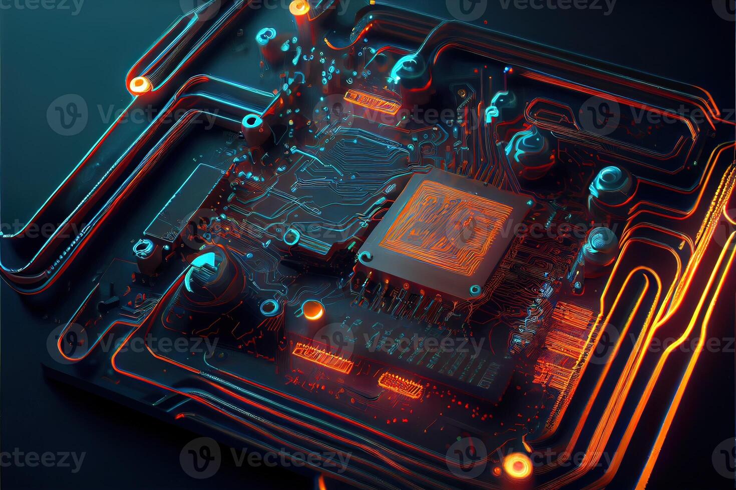 illustration of macro shot of circuit cyberspace board with computer motherboard component microchip with chip structure. Neural network generated art. photo