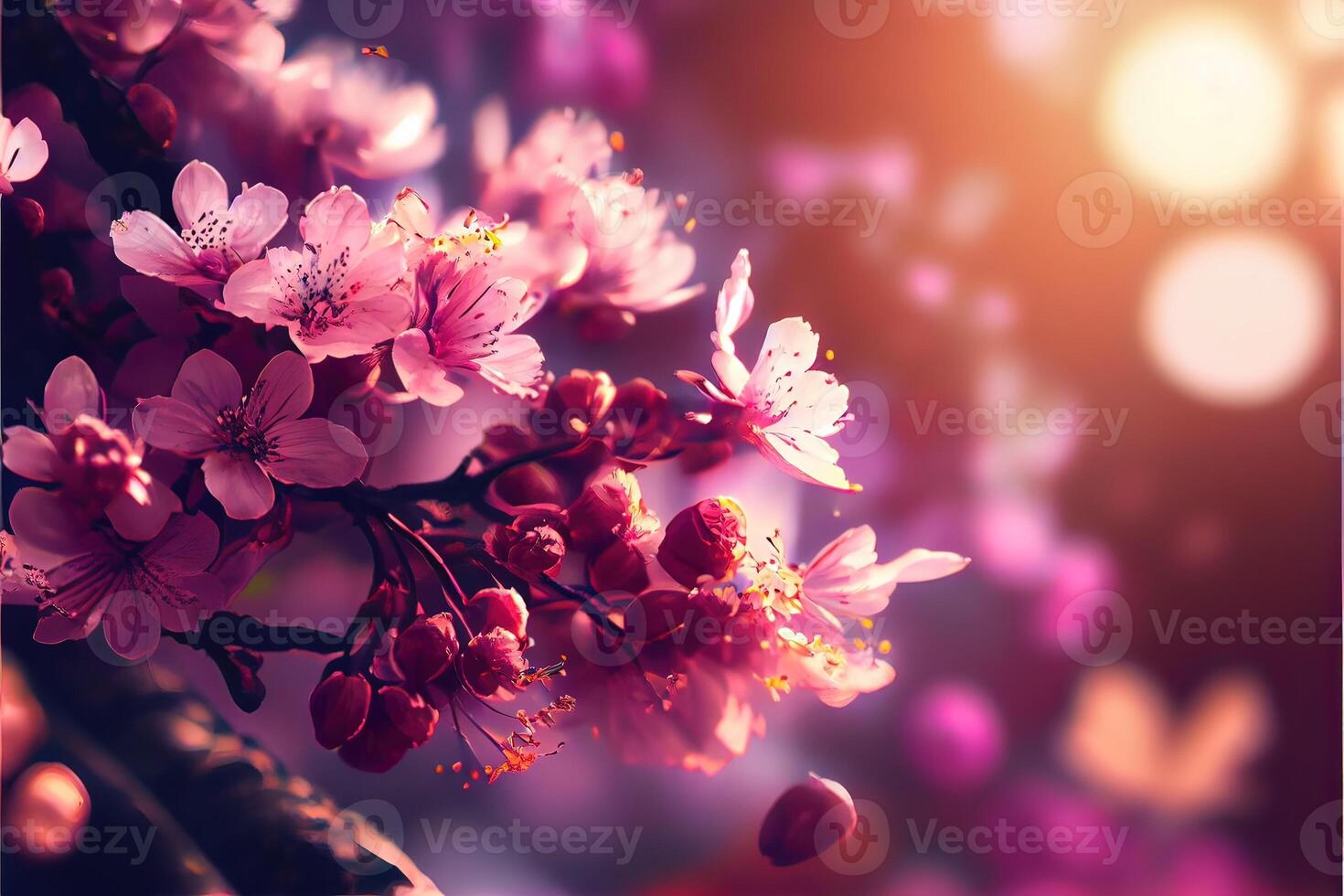 illustration of spring banner, branches of blossoming cherry against pink background and nature outdoors. Pink sakura flowers, dreamy romantic image spring, copy space. photo