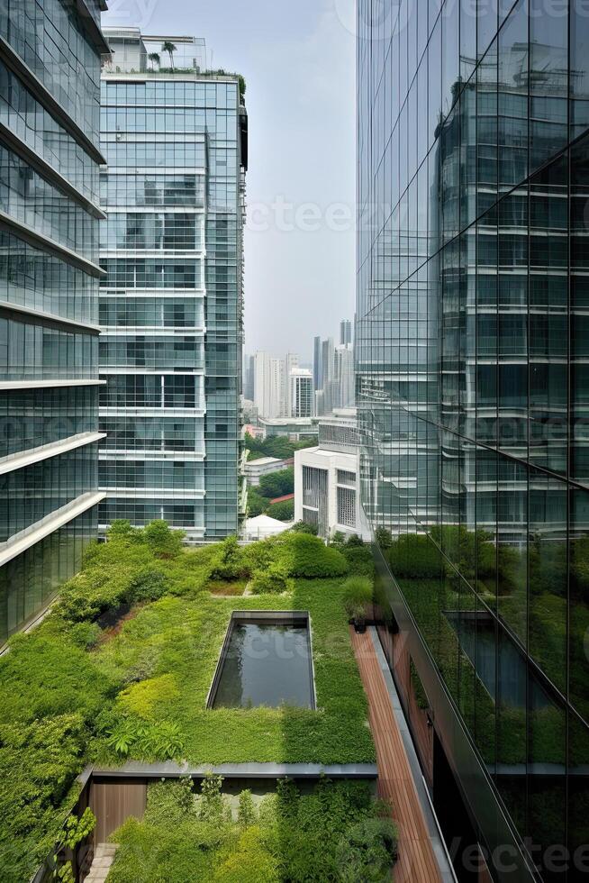 illustration of Gorgeous garden on the rooftop of a contemporary glass office building in Asia photo